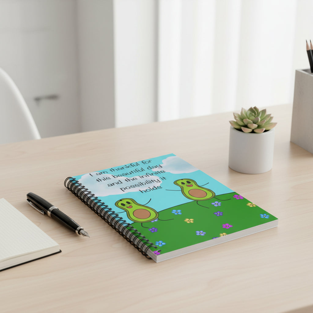 Spiral Notebook — "I am thankful for this beautiful day" Cute Avocado Gratitude Journal
