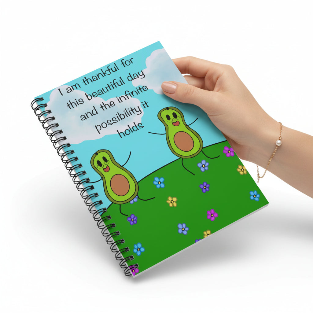 Spiral Notebook — "I am thankful for this beautiful day" Cute Avocado Gratitude Journal
