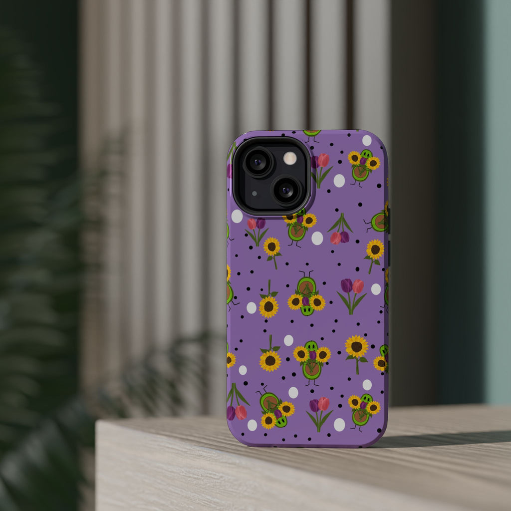 Floral Sunflower & Tulip Magnetic Phone Case — Purple Impact-Resistant Cover