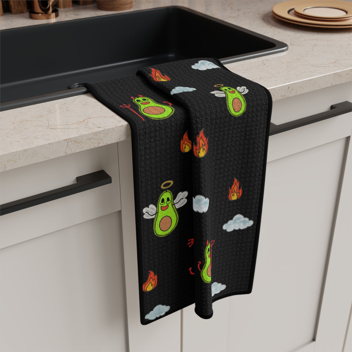 Fiery Avocado Pattern Microfiber Tea Towel — Cute Devil & Angel Avocado Kitchen Towel